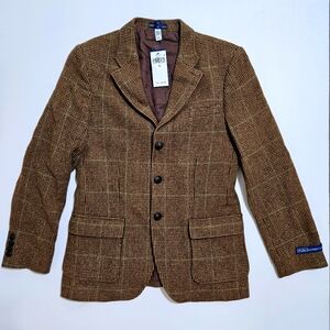 POLO Ralph Lauren Boys Brown Check Wool Blazer Jacket Coat Elbow leather $525